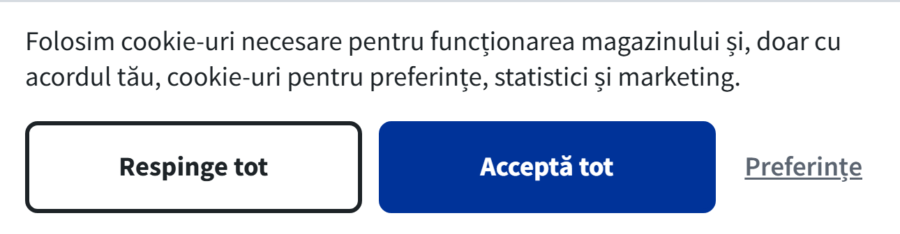 Bannerul de cookie-uri cu butoanele Respinge tot și Acceptă tot