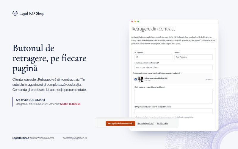 Formularul de retragere precompletat și butonul „Retrageți-vă din contract aici” din subsolul magazinului