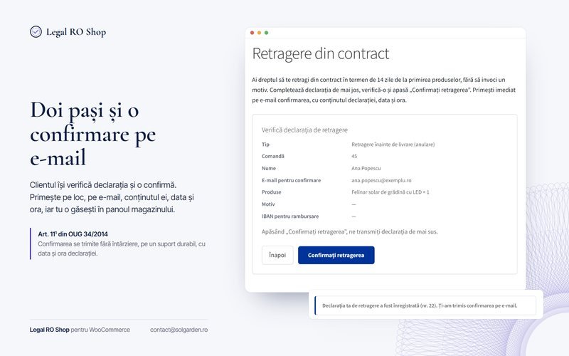 Pasul de verificare a declarației și mesajul de confirmare a înregistrării