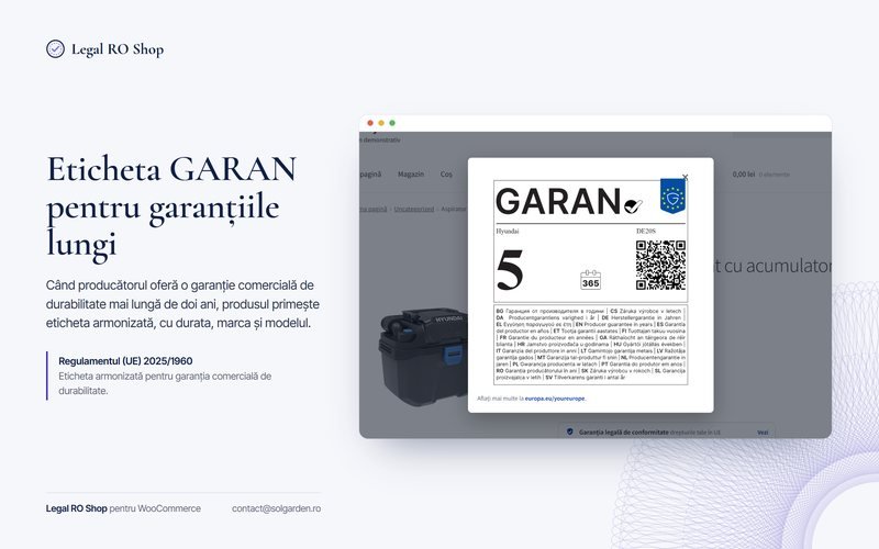 Eticheta armonizată GARAN pe un produs cu garanție de 5 ani