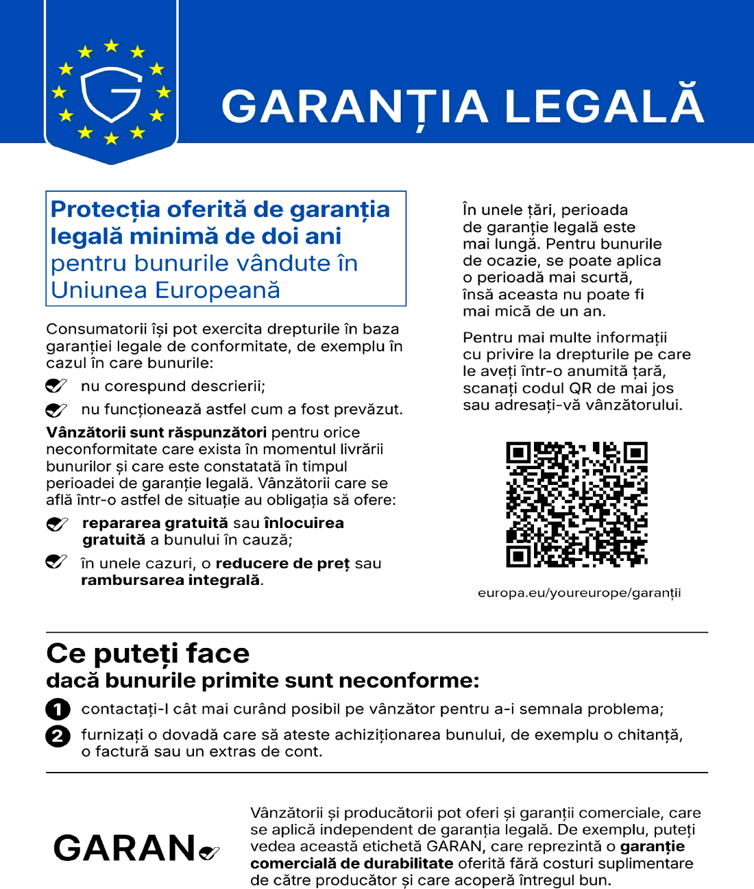 Garanția legală — protecția oferită de garanția legală minimă de doi ani pentru bunurile vândute în Uniunea Europeană