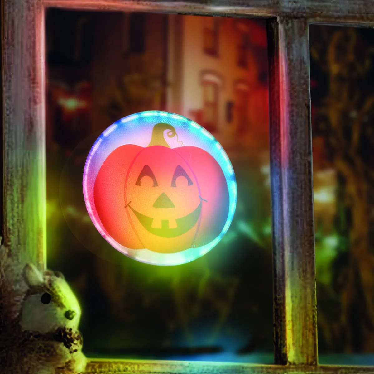 Decor Halloween LED RGB, dovleac autoadeziv, 12x4 cm, functionare baterie, sclipitor, portabil