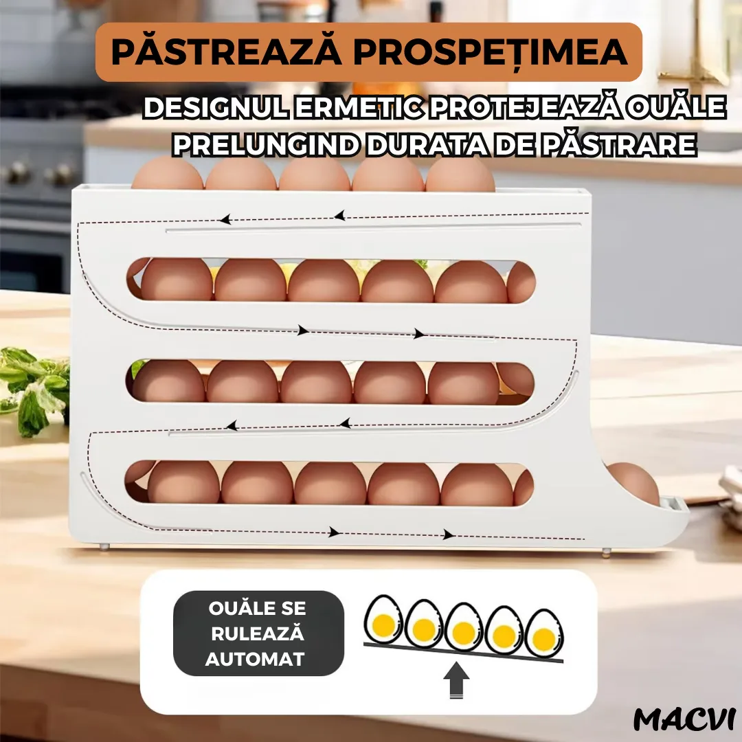 Suport organizator pentru oua Macvi®, 4 niveluri, rulare automata, 30 oua, 36x7x20 cm, alb, economisire inteligenta de spatiu in frigider - imagine 4
