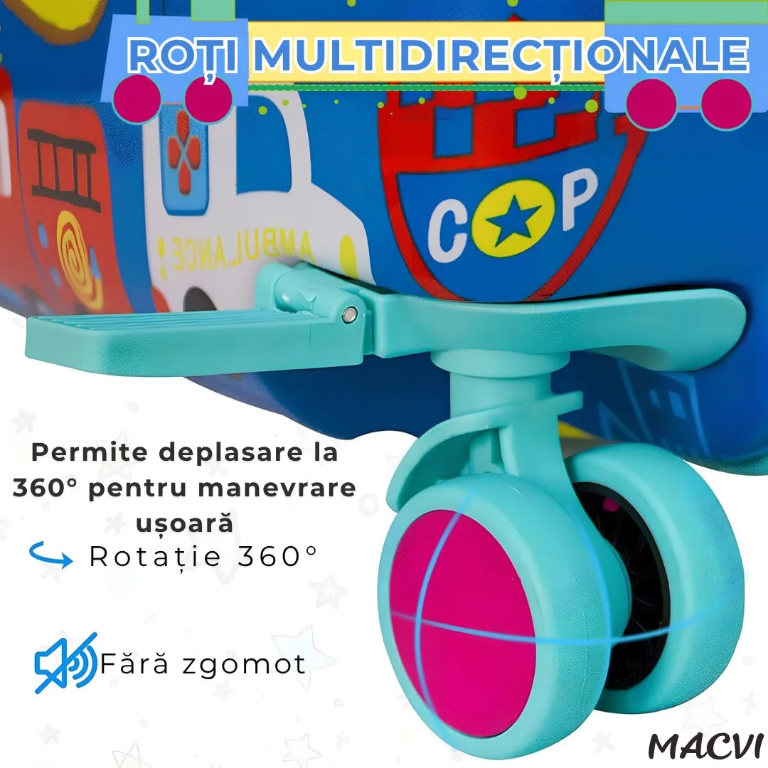 Geanta voiaj copii Macvi® cu model inghetata, 28L, ABS rezistent la impact, functie scaun, suport picioare pliabil, roti 360°, albastru - imagine 2