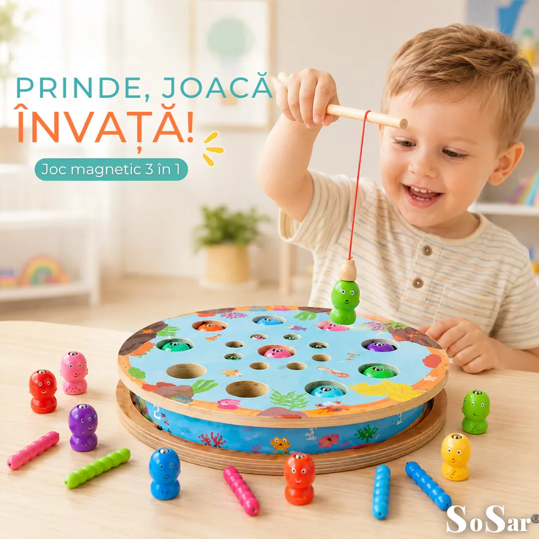 Joc Educativ din Lemn Sosar® 3 in 1 Pescuit Magnetic Sah si Sortare Culori Dezvolta Coordonarea Mana Ochi Abilitatile Cognitive si Motricitatea Fina - imagine 4