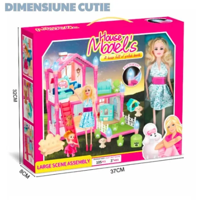 Casuta cu efecte luminoase pentru papusi, MACVI, 105 piese, 2 papusi incluse, roz deschis - imagine 4