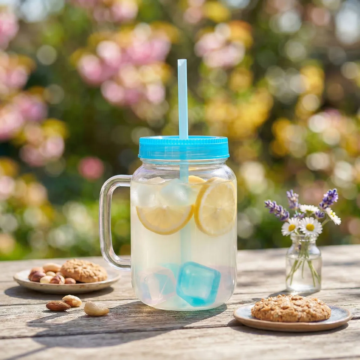 Pahar cu pai 550ml albastru cu 4 cuburi racire capac etans reutilizabil