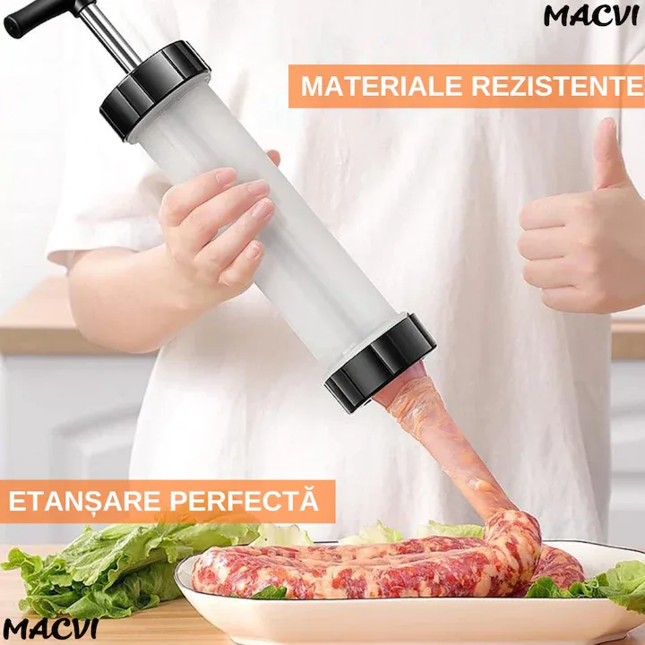 Aparat manual pentru umplut carnati, Macvi®, inox/plastic, 0.5 kg, 2 tuburi de umplere, alb - imagine 4