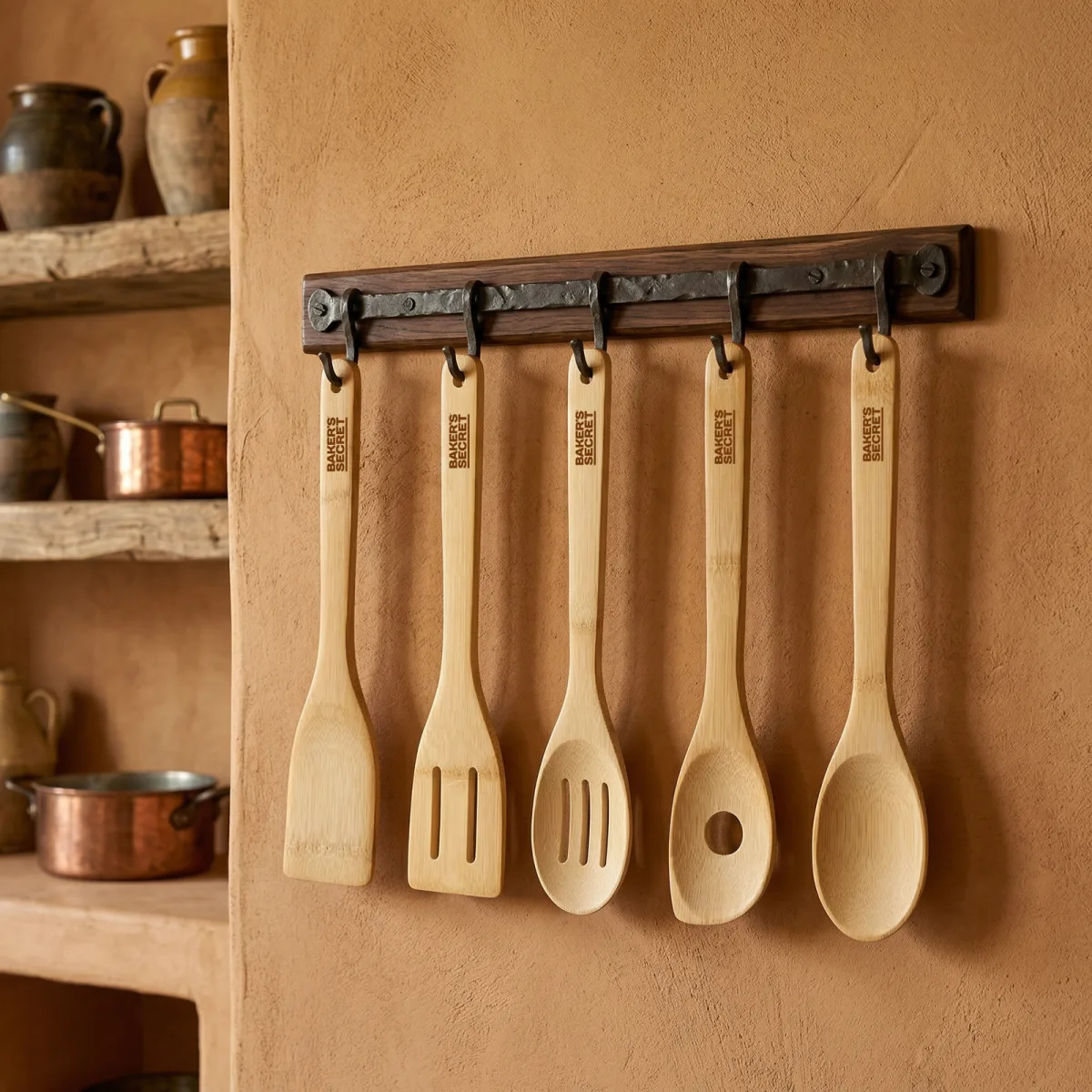 Set ustensile bucatarie bambus Baker's Secret 5 piese 30 cm, linguri si spatula din lemn natural pentru gatit - imagine 2