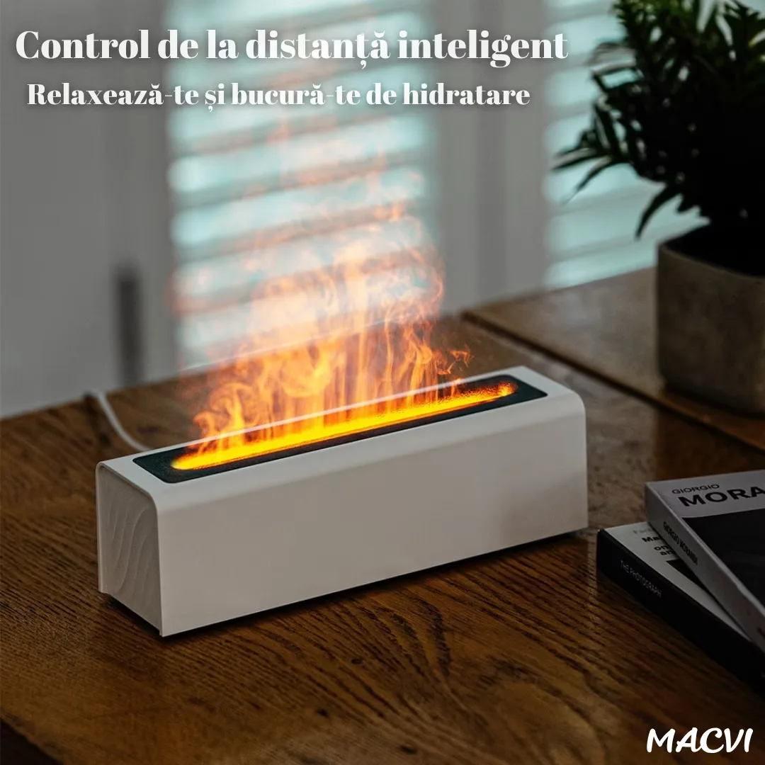 Umidificator de aer inteligent Macvi® 3D cu efect de flacara, aromaterapie, rezervor 200 ml, LED multicolor, silentios, portabil USB, cu telecomanda si 3 moduri de functionare, Alb - imagine 5