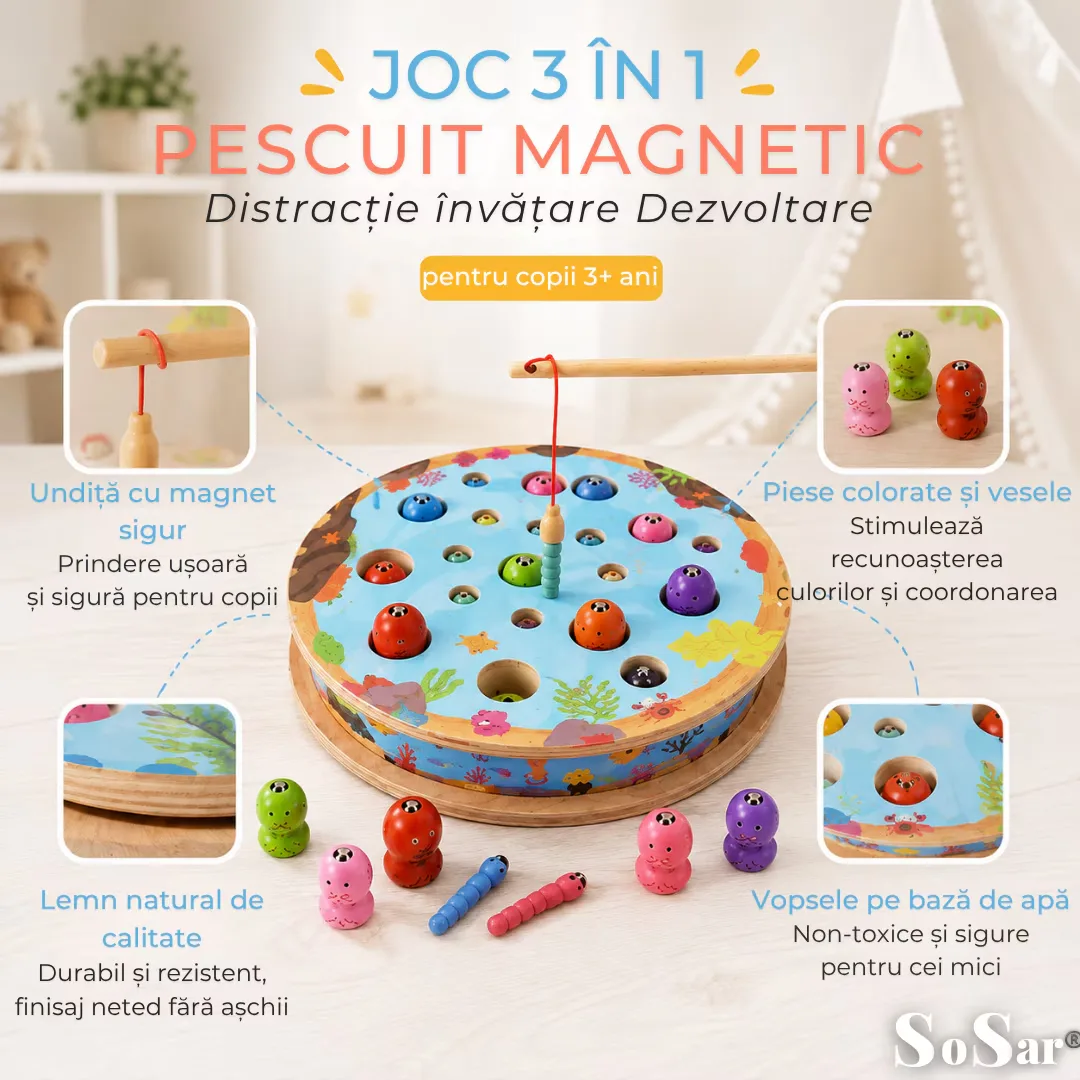 Joc Educativ din Lemn Sosar® 3 in 1 Pescuit Magnetic Sah si Sortare Culori Dezvolta Coordonarea Mana Ochi Abilitatile Cognitive si Motricitatea Fina - imagine 3