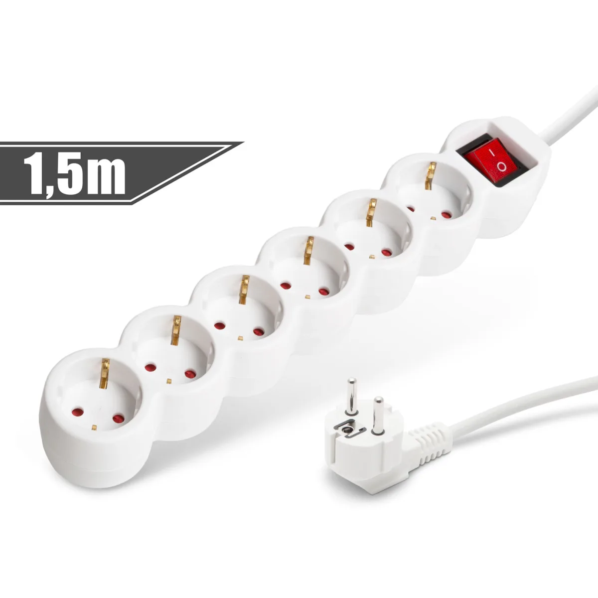 Prelungitor 6 prize Schuko, 1.5m, cu intrerupator, 16A, protectie copii, alb