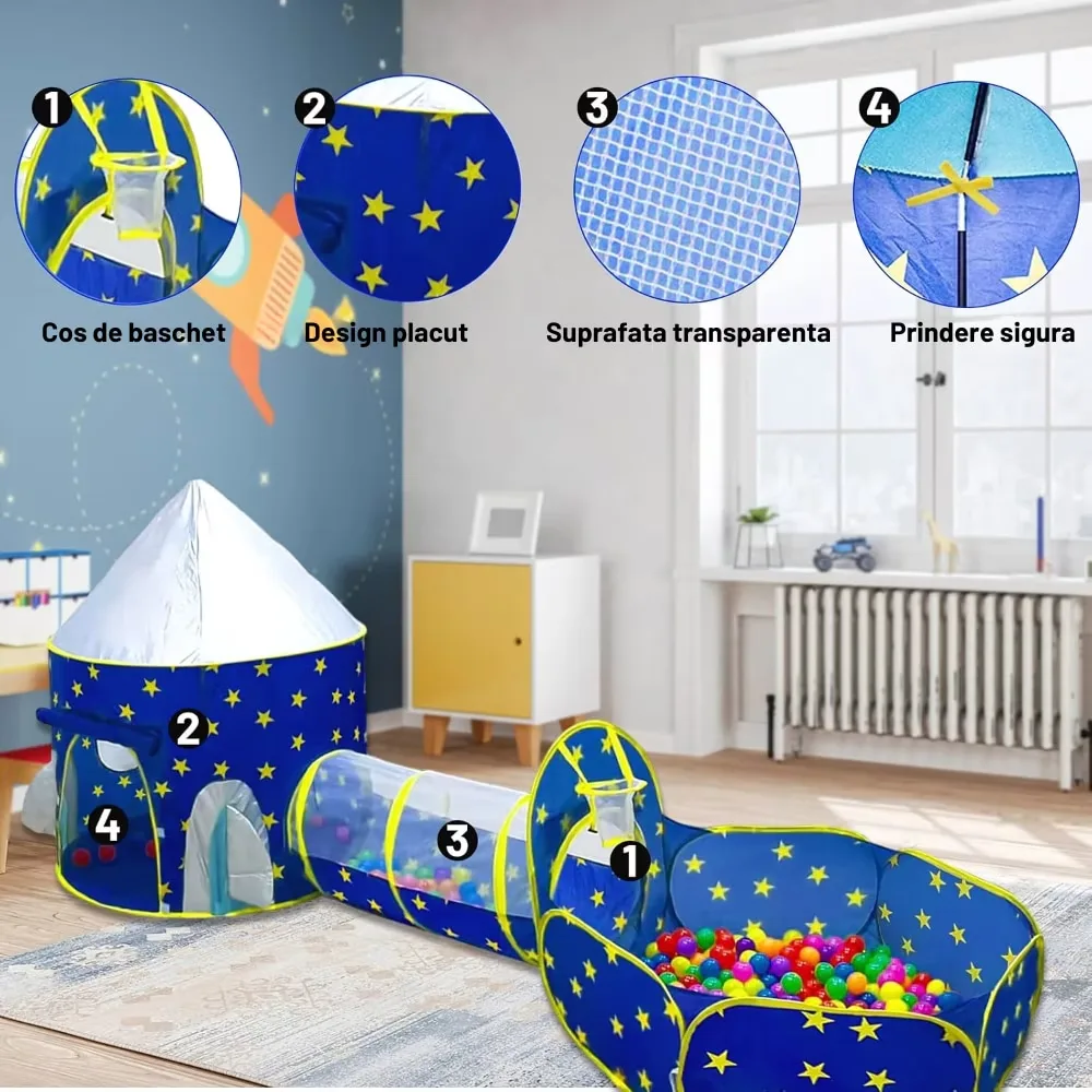 Cort Joaca 3 in 1 Macvi® cu Tunel si Castel Pliabil pentru Copii 3-7 Ani Interior Exterior Albastru Cosmic - imagine 3