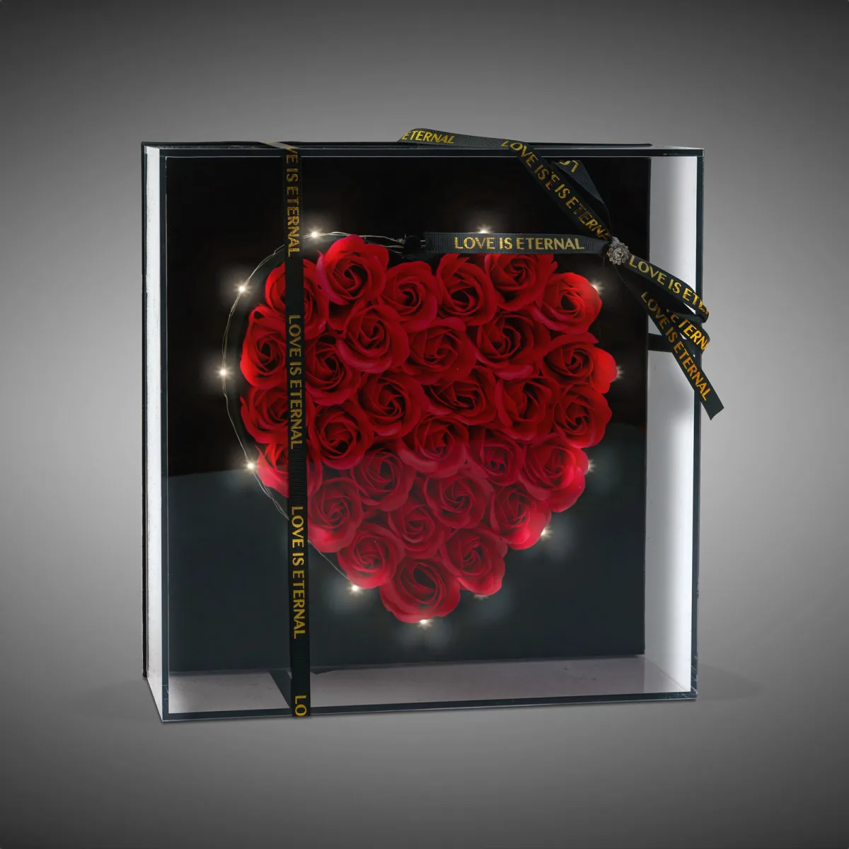 Trandafiri artificiali inima cu LED in cutie cadou 29x29cm, decor romantic Valentine aniversare cu lumina - imagine 2