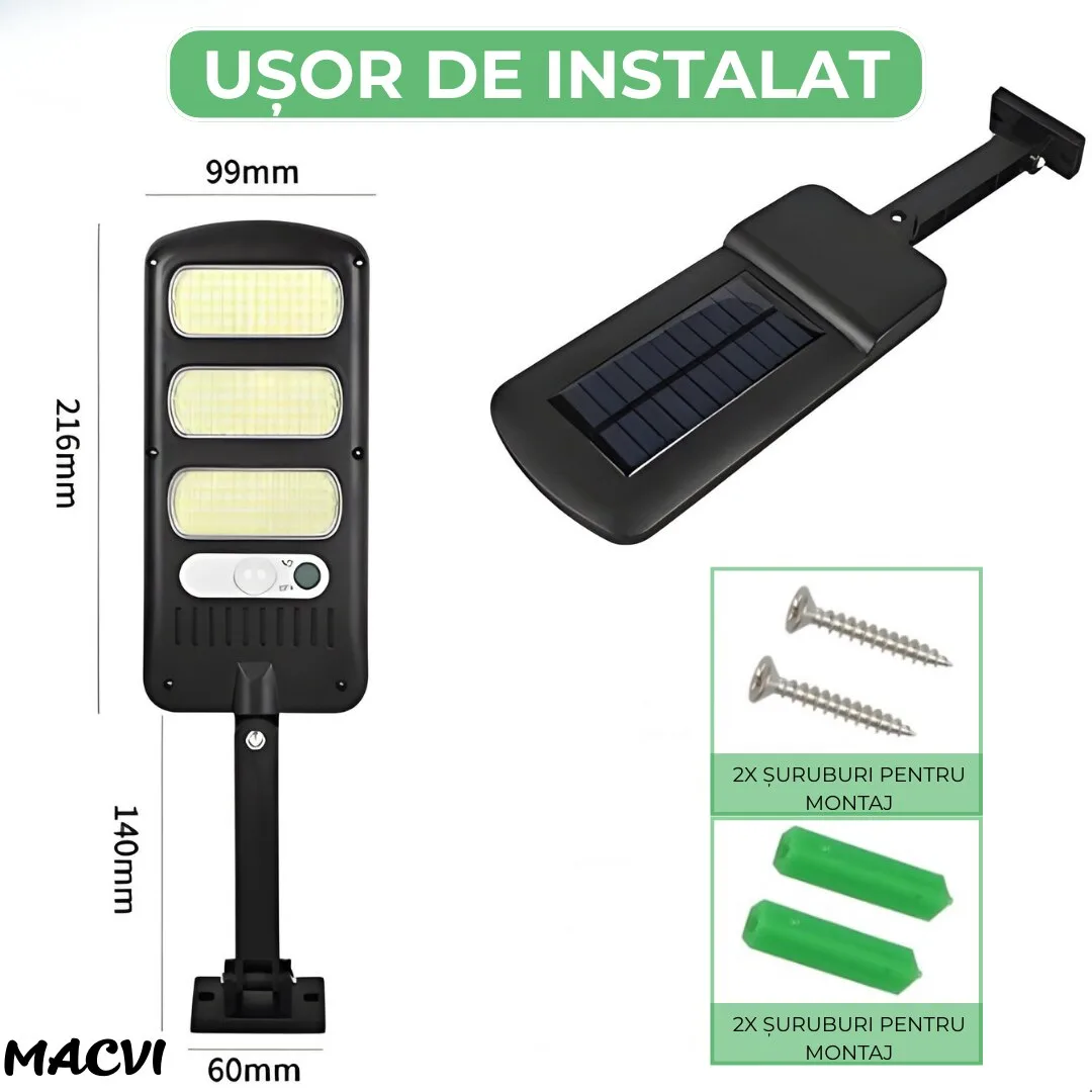 Aplica LED Exterior Macvi® Solara cu 150 COB, Senzor Miscare si Lumina, Panou Solar 1.5W, 2400mAh, IP65, 6500K, Autonomie 6-10 Ore, Unghi Lumina 120° - imagine 2