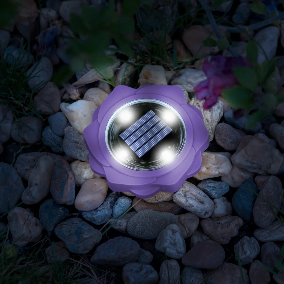 Lampa solara gradina LED alb rece violet, iluminat exterior cu tarus, decor alee