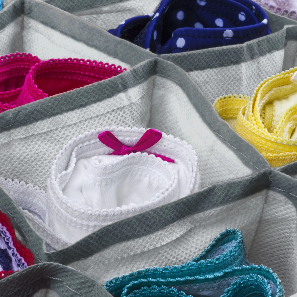 Cutie pentru depozitare din material textil 32x32x12 cm, gri, cu 8 buzunare, organizator pliabil pentru dulap