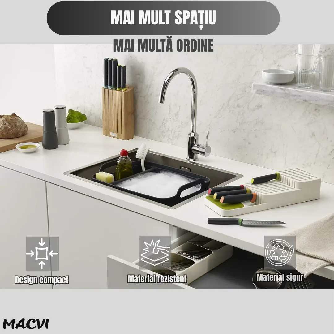 Suport sertar pentru cutite Macvi® organizator compact depozitare sigura material durabil design ergonomic stabilitate sporita economie de spatiu, alb - imagine 2