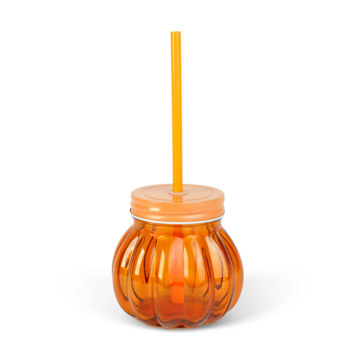 Pahar din sticla 3D in forma de dovleac, cu capac si pai, 350 ml, portocaliu - imagine 2
