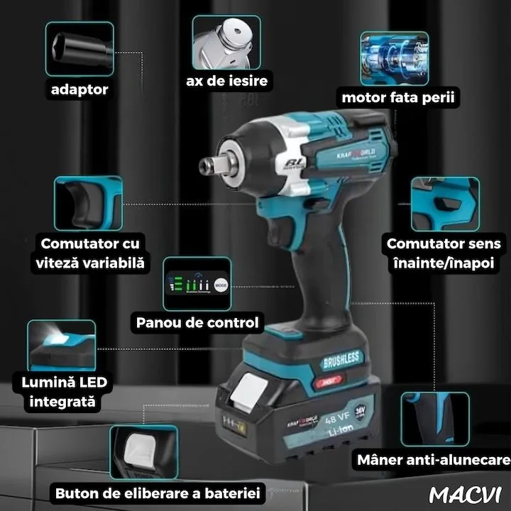 Bormasina de Impact Macvi® 1000Nm 48VF Brushless cu 2 Baterii 4.0Ah, Cutie Transport, Incarcator Rapid, LED, Reglaj Viteza, Motor Fara Perii - imagine 4