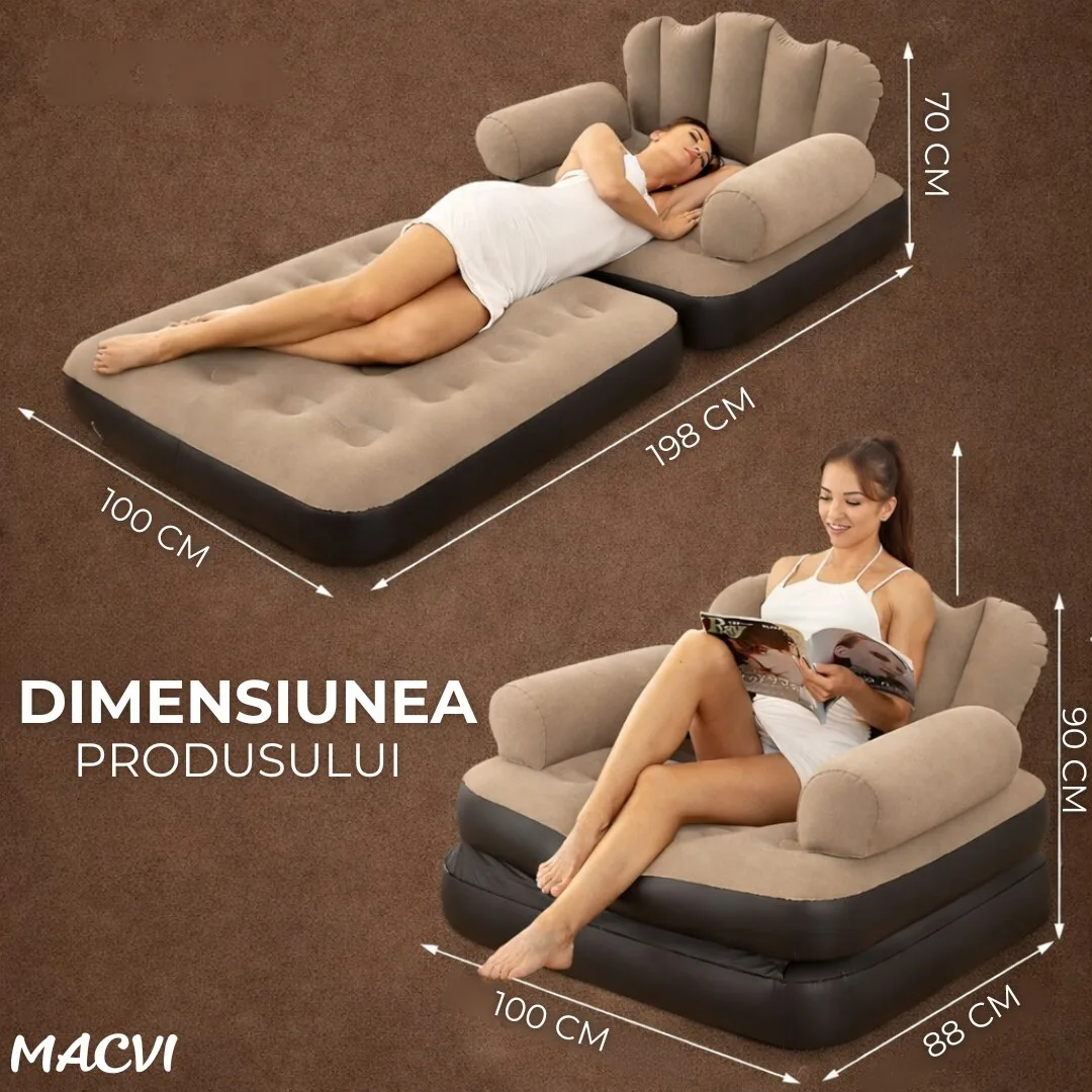 Fotoliu Gonflabil Macvi® XL 2 in 1 Portabil Pentru Interior, Exterior, Camping sau Plaja, Design Ergonomic, 100x88x90 cm, Maro - imagine 5