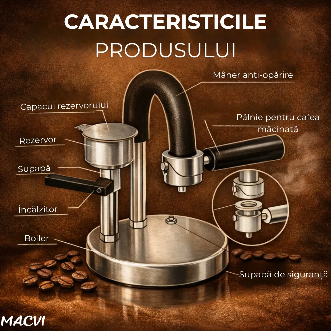 Espressor manual Kamira MACVI®, din inox 100%, presiune 4-5 bari, portabil, fara curent, filtru de inox pentru 1 ceasca cafea, compatibil aragaz si resou - imagine 2