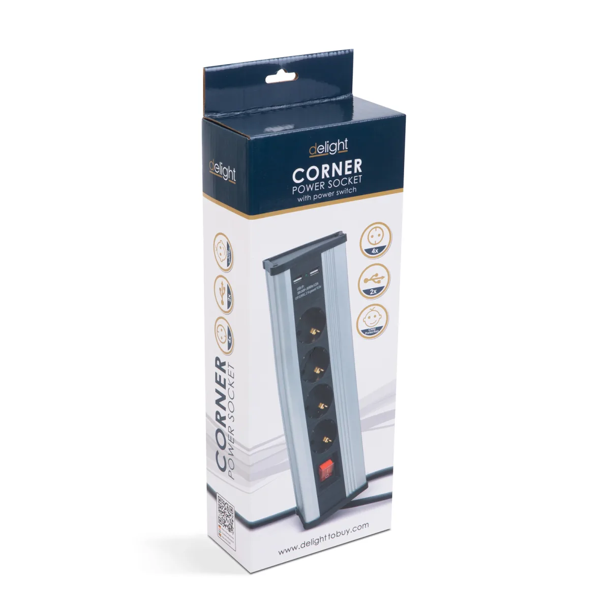 Prelungitor colt 4 prize 16A 250V, 2 USB 2.1A, intrerupator, cablu 1.5m, aluminiu - imagine 2