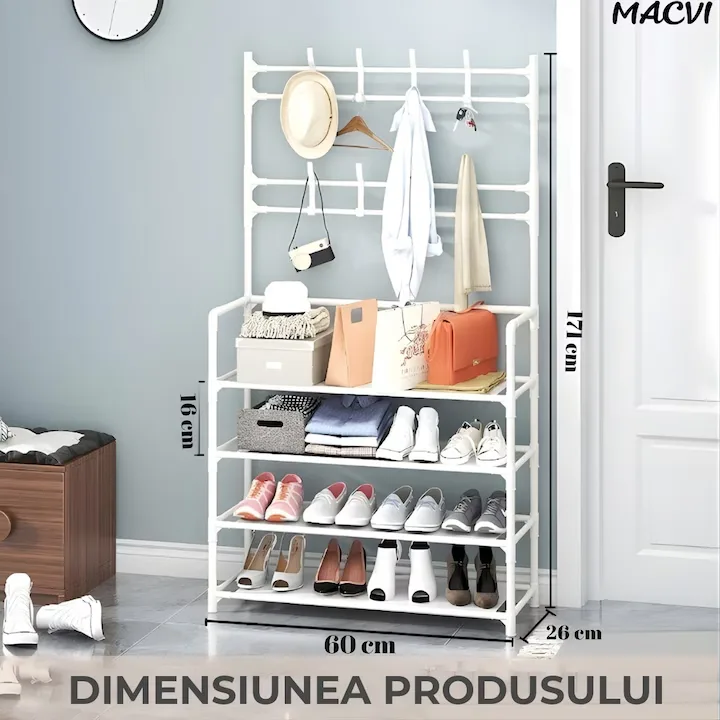 Cuier multifunctional Macvi® pentru haine si incaltaminte, 171x80x26.5 cm, material durabil, design ergonomic si modern, negru - imagine 3