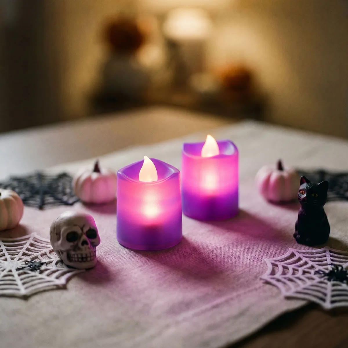Set 2 lumanari LED decorative Halloween, lumina alb cald, baterii incluse, mov