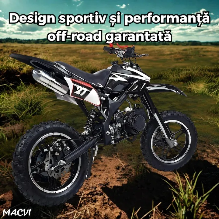 Motocicleta cross Macvi® pentru copii 49cc cu roti groase pornire usoara si motor pe benzina ideala pentru off road, Negru - imagine 5