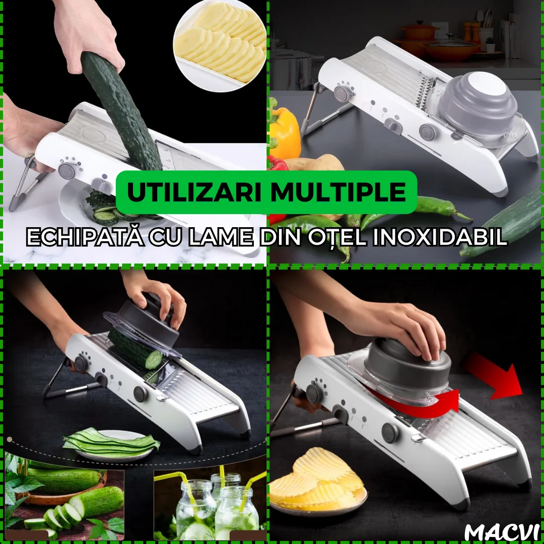 Razatoare Multifunctionala Macvi® pentru legume si fructe, 18 taieturi diferite, lame inox, reglabila 1-7 mm, ergonomica, gri - imagine 3