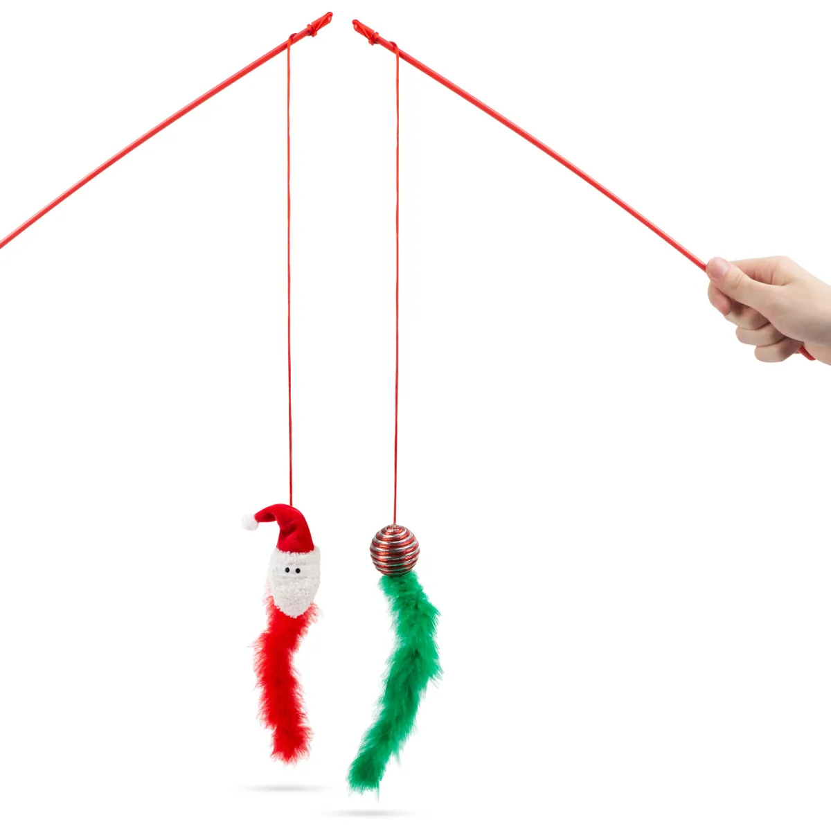 Jucarie pisici Craciun cu pene si snur,  46 cm