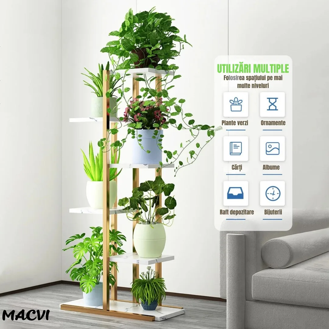 Suport ghivece flori si plante Macvi® cu 6 rafturi, design modern alb si maro, cadru metalic stabil, 113x60x20 cm, pentru interior si exterior - imagine 3
