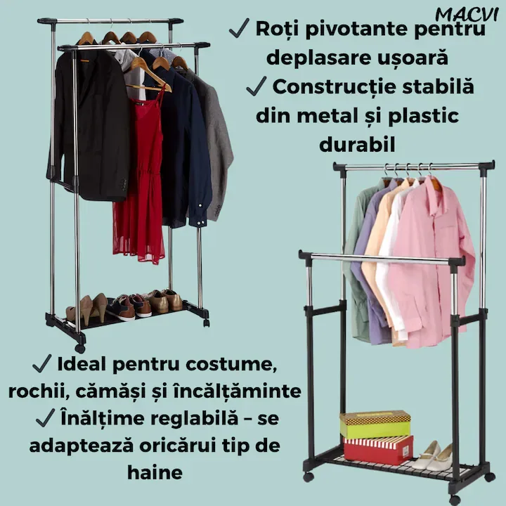 Suport Haine Macvi® Dublu cu Inaltime Reglabila, Bara Metalica si Roti Pivotante Cuier Mobil pentru Uscare si Organizare, Ideal pentru Haine si Incaltaminte - imagine 3