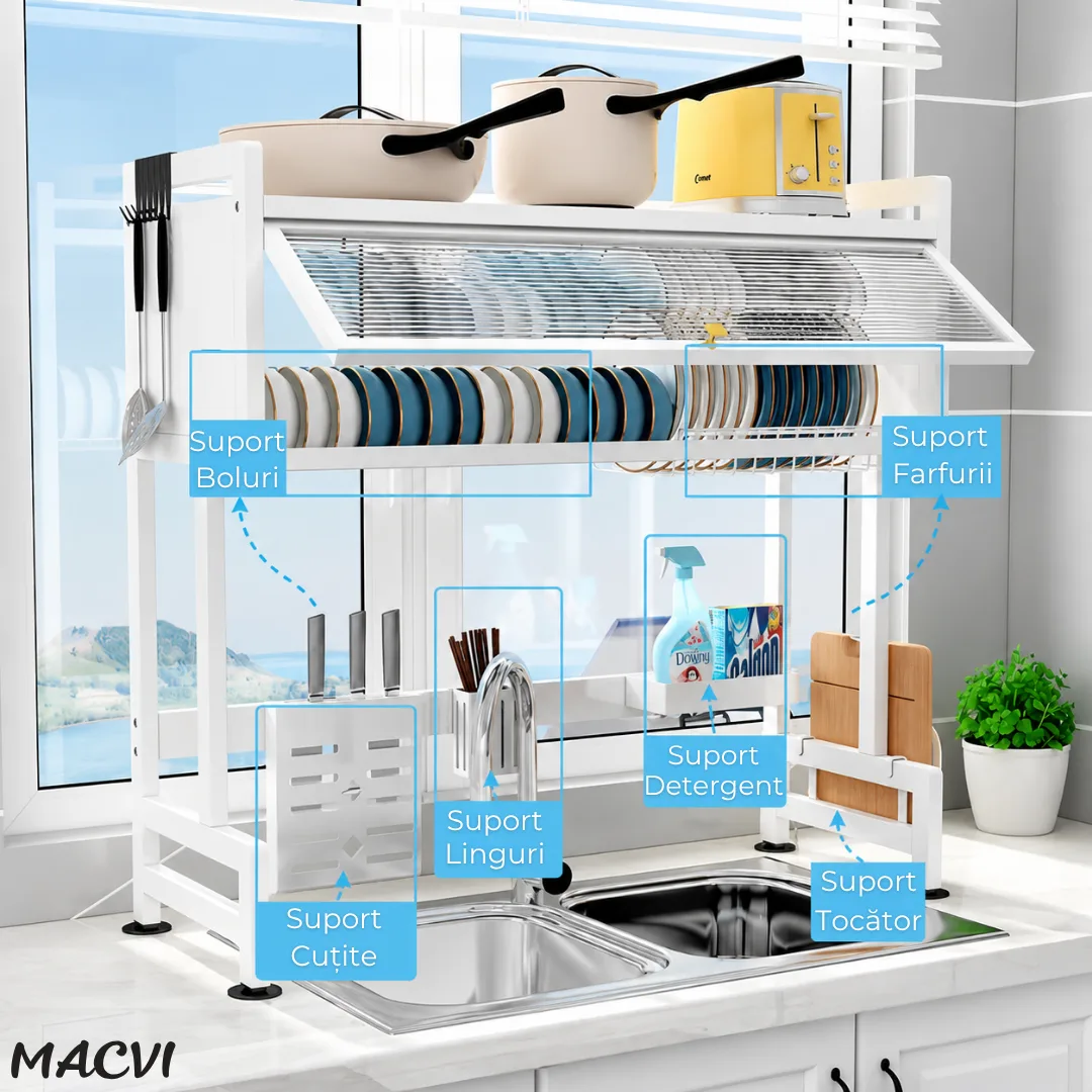 Scurgator Vase deasupra Chiuvetei Macvi® 95CM Alb, Raft Multifunctional cu 3 Niveluri, Suport Tacamuri si Cutite, Organizator Bucatarie din Inox cu Usi Rabatabile AntiPraf