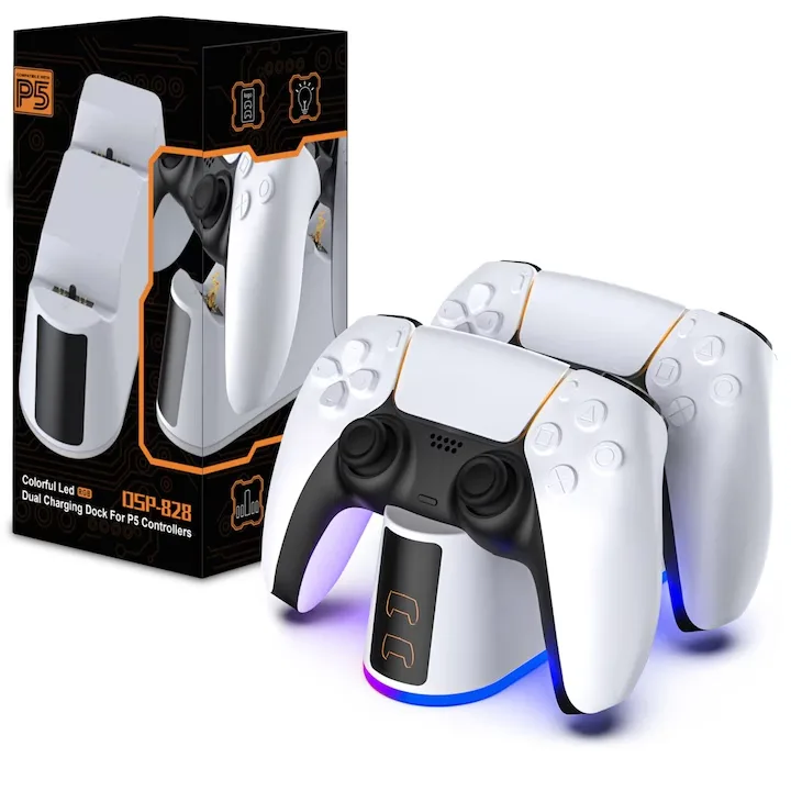 Statie Incarcare Gamepad pentru PlayStation 5, Macvi, Alb, Iluminare RGB