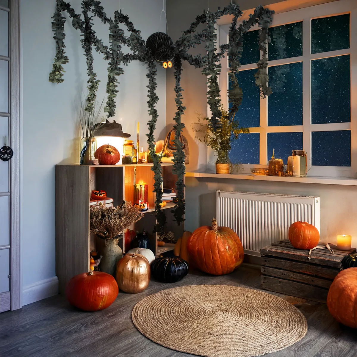 Decor Halloween, dovleac agatat, spuma, portocaliu, mov, negru, sclipitor, 45x23 cm
