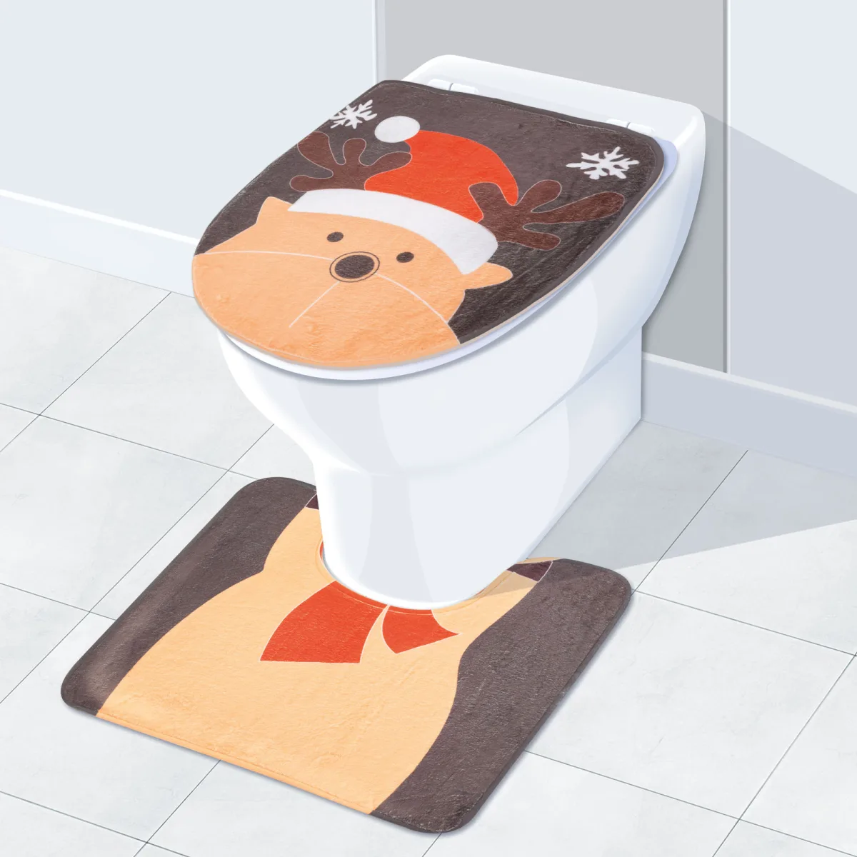 Set husa WC si covoras baie antiderapant Craciun, model ren