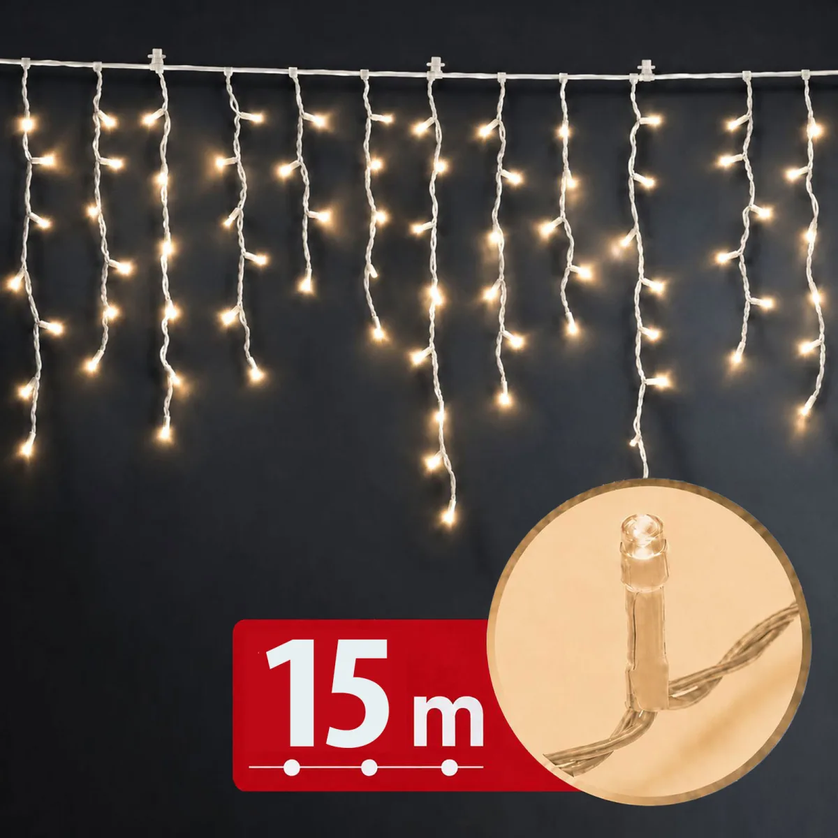 Instalatie de Craciun tip perdea 15 m, 600 LED alb cald, 8 jocuri lumini, timer, IP44