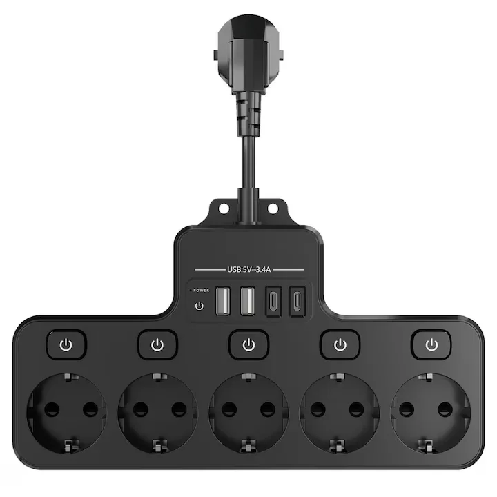 Multipriza Macvi cu 4 prize Schuko, 4 porturi USB, control individual, 4000W, extensie electrica pentru birou si acasa