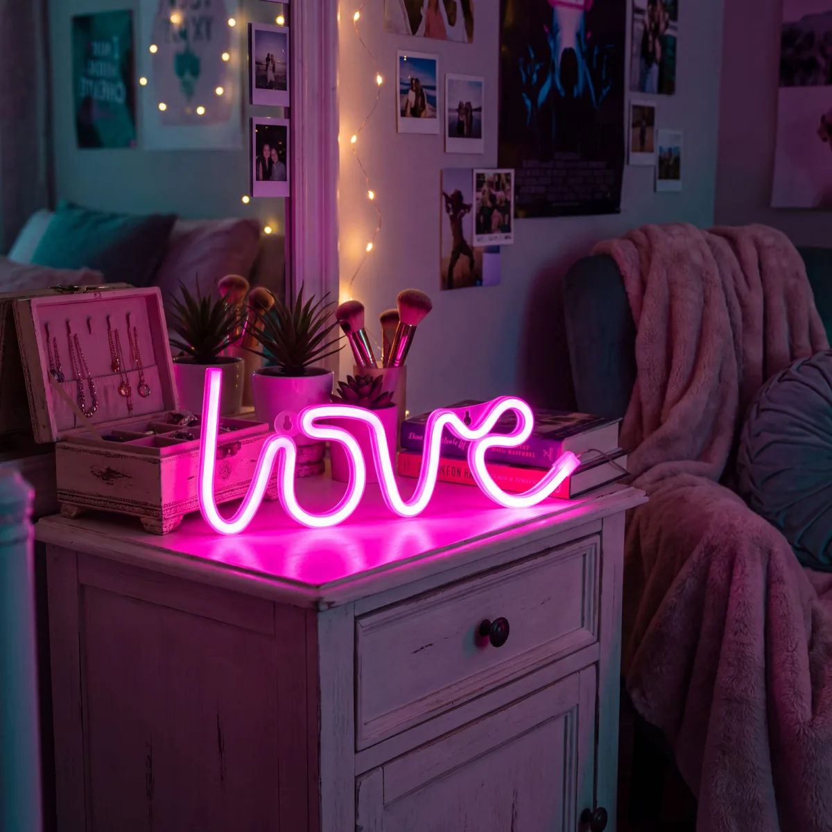 Lampa decorativa LED neon Love, 120 LED-uri, roz/mov, USB sau 3 x AA, 2W