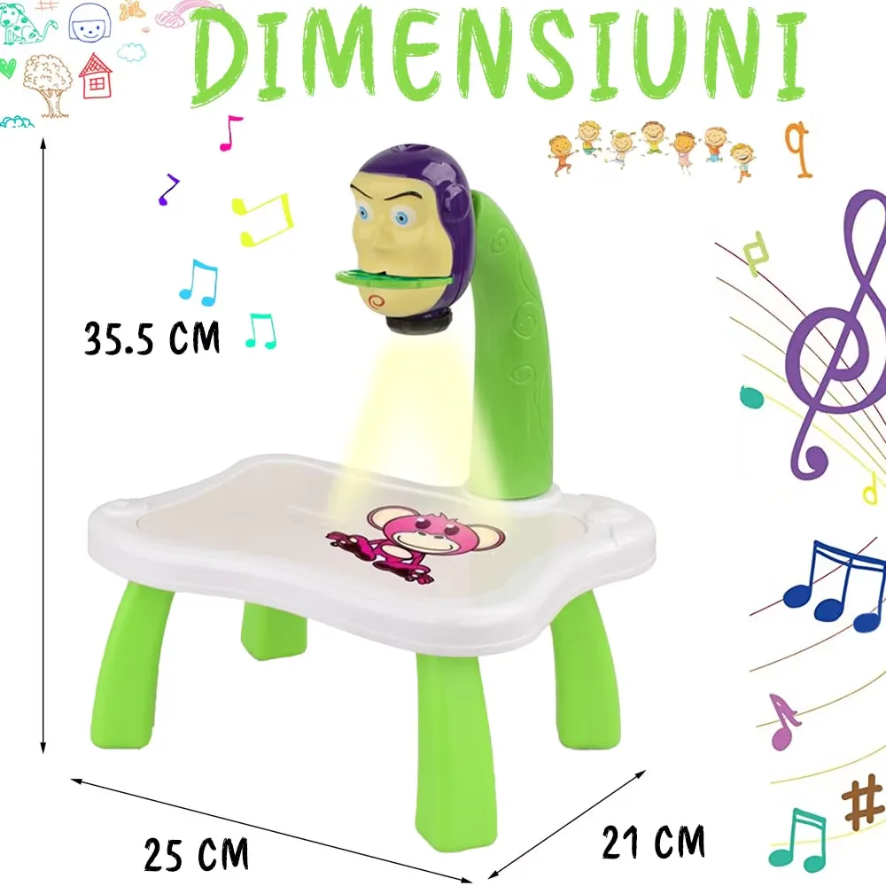 Jucarie educationala Macvi® tip tabla cu proiector, hologram, 3 discuri, 24 sabloane, 12 carioci, masa de desen Toy Story, verde - imagine 5
