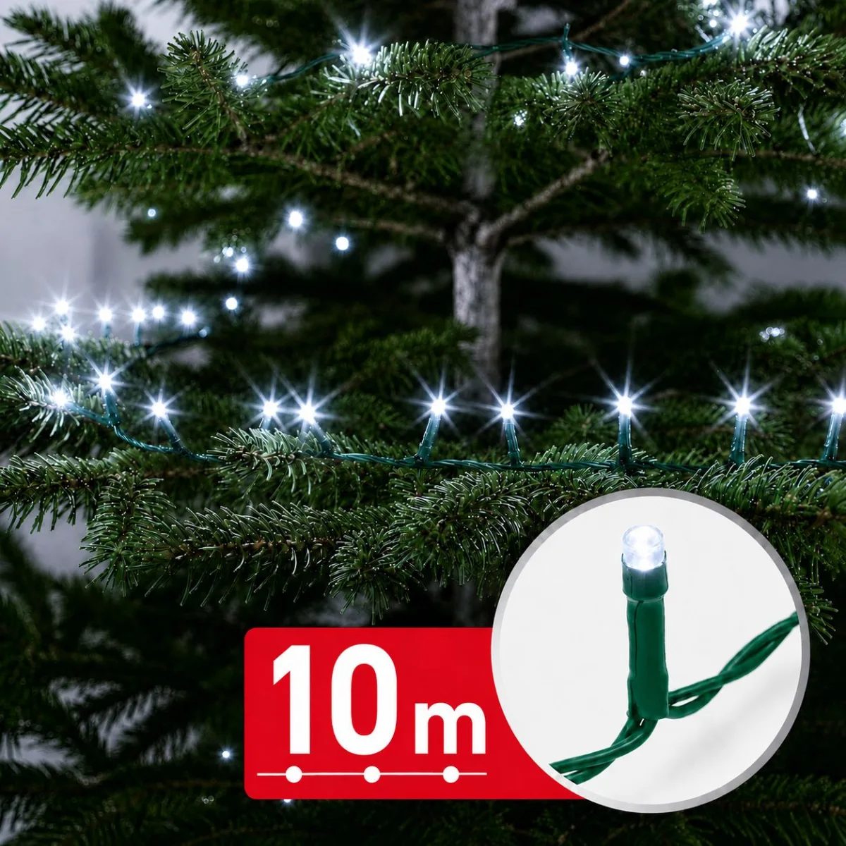 Instalatie de Craciun 10 m, 200 LED alb rece, 8 jocuri lumini, timer, IP44, cablu verde
