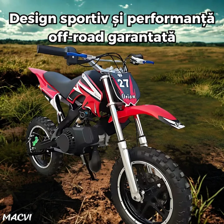 Motocicleta cross Macvi® pentru copii 49cc cu roti groase pornire usoara si motor pe benzina ideala pentru off road, Rosu - imagine 4