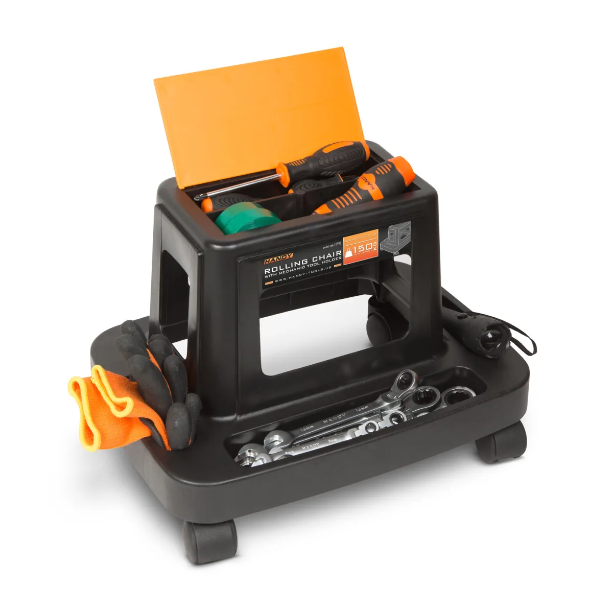 Scaun de atelier cu roti si suport pentru scule, din plastic, capacitate 150 kg