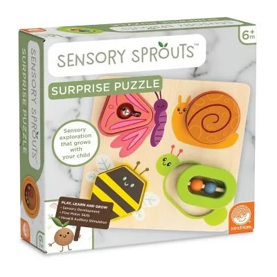 Jucarie senzoriala din lemn, de tip puzzle, pentru bebelusi, Sensory Sprouts Surprise Puzzle