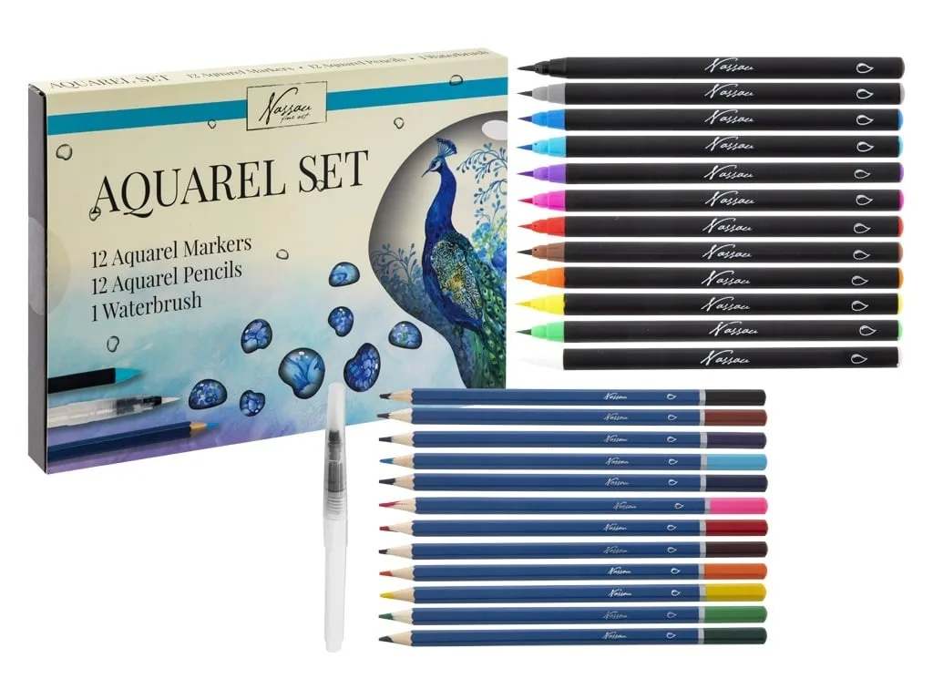 Set creativ 12 carioci acuarela, 12 creioane colorate tip acuarela, pensula, Nassau