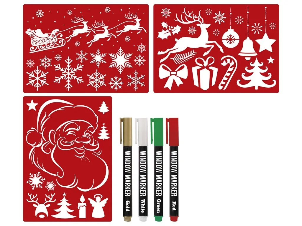 Set de decoratiuni pentru ferestre, cu markere si sabloane, tematica Craciun - imagine 3