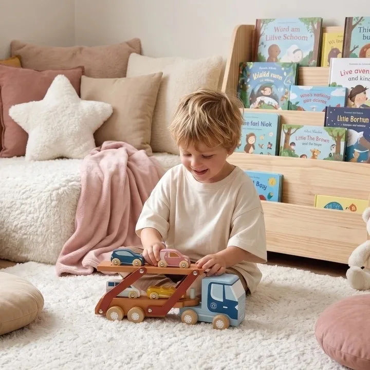 Camion transportor cu 4 masinute din lemn, Speedy Monkey - imagine 3
