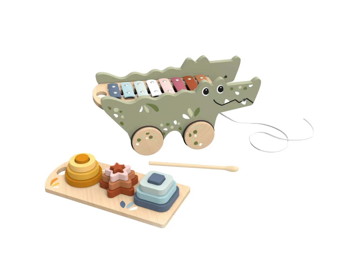 Crocodil din lemn cu xilofon si piese de stivuire, Speedy Monkey - imagine 3